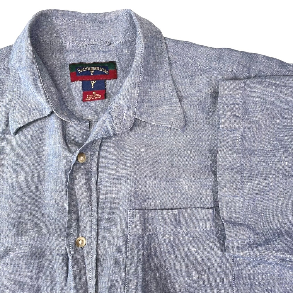 Saddlebred M Blue Button Down Shirt Short Sleeve Linen Blend Coastal Summer